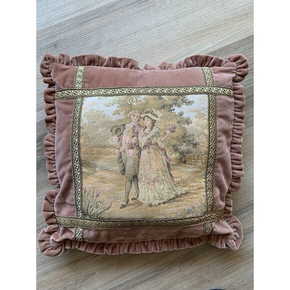 Vtg French Countryside Tapestry Pillow With Velvet Backing & Fringe Edging - Picture 1 of 5